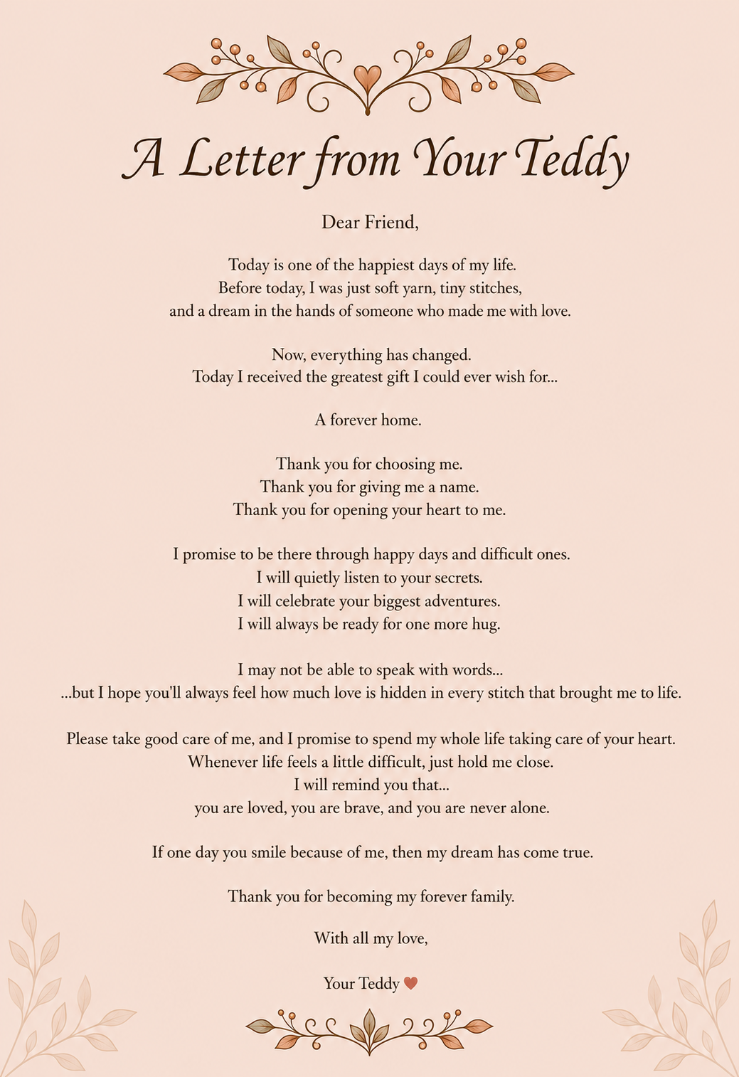 Certificate page 2: A Letter from Your Teddy, a warm handwritten-style message