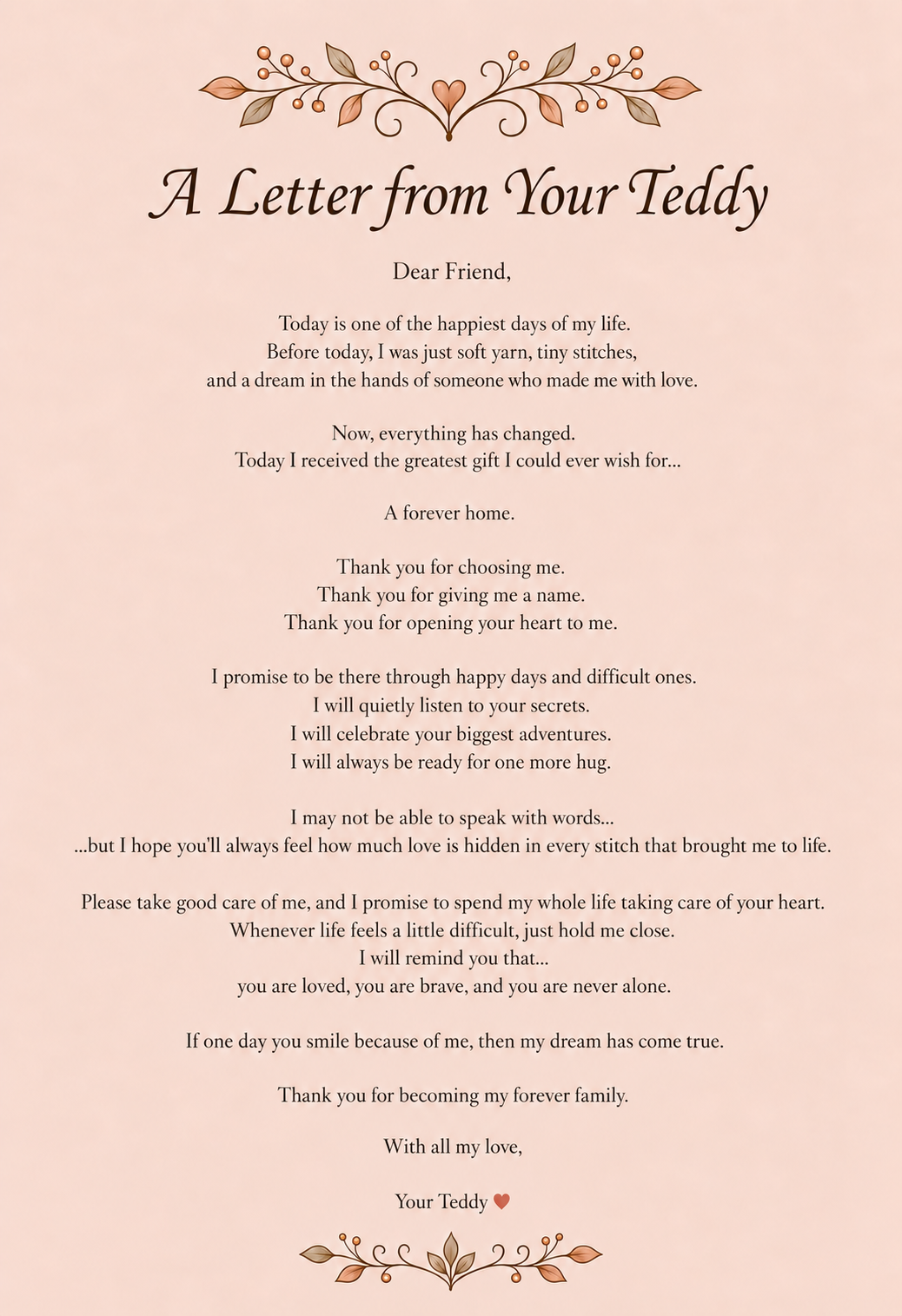 Certificate page 2: A Letter from Your Teddy, a warm handwritten-style message