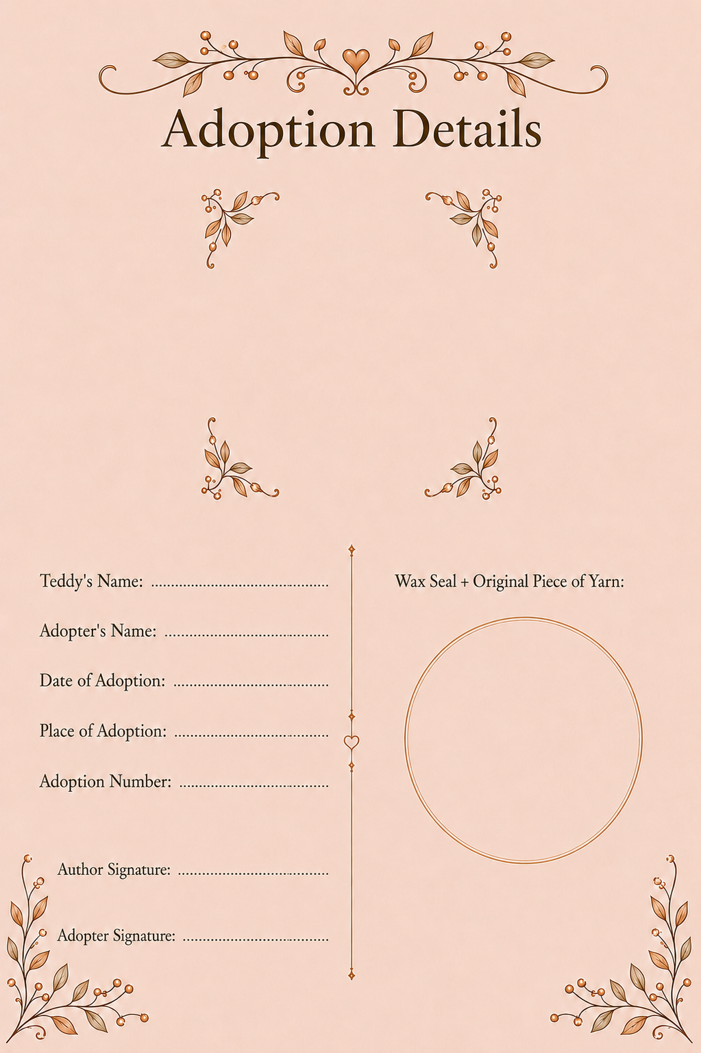 Certificate page 3: Adoption Details with spaces for names, date, place and adoption number