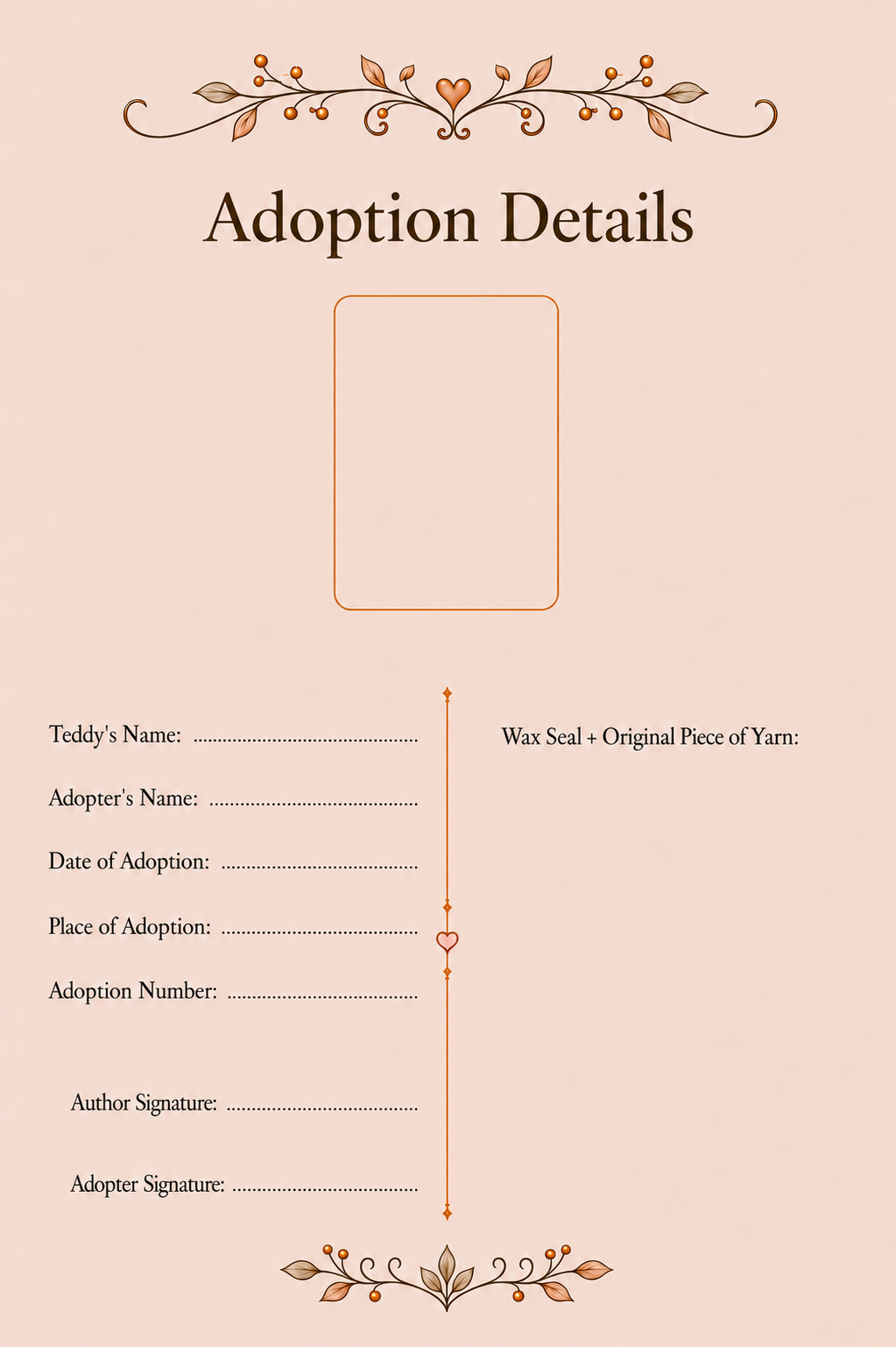 Certificate page 3: Adoption Details with spaces for names, date, place and adoption number